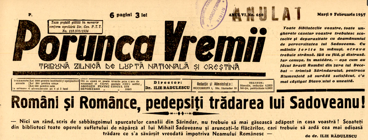 Campanie declanșată de ziarul de extremă dreapta, Porunca Vremii, 1936