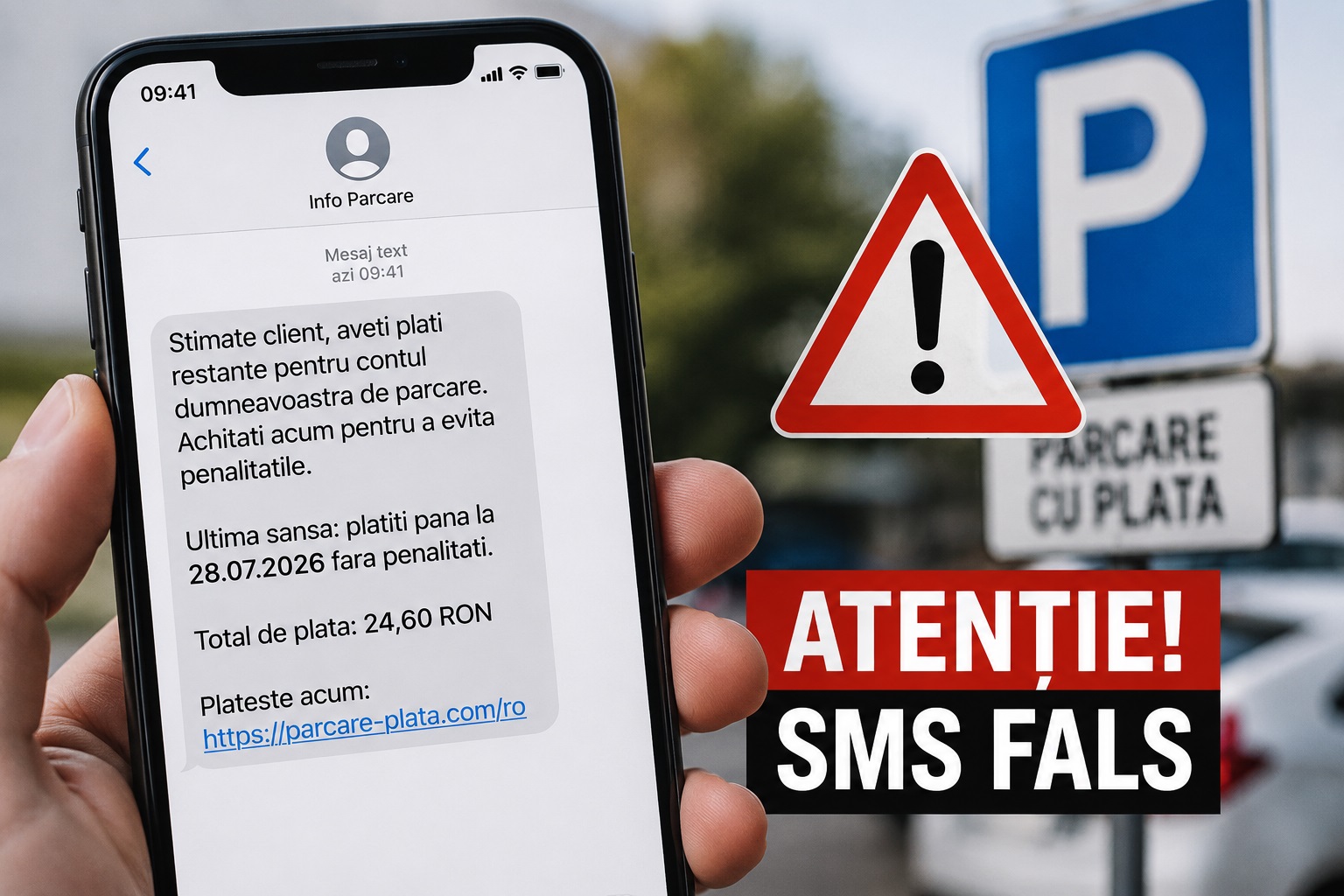 Tentativă nouă de fraudă prin SMS. DNSC avertizează asupra mesajelor false cu „taxe de parcare restante”