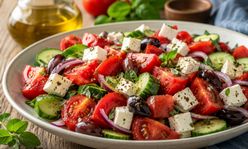 Salată mediteraneană cu roșii și feta. Rețeta simplă de vară, gata în câteva minute