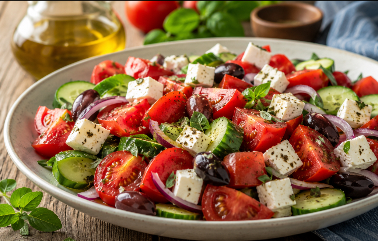 Salată mediteraneană cu roșii și feta. Rețeta simplă de vară, gata în câteva minute