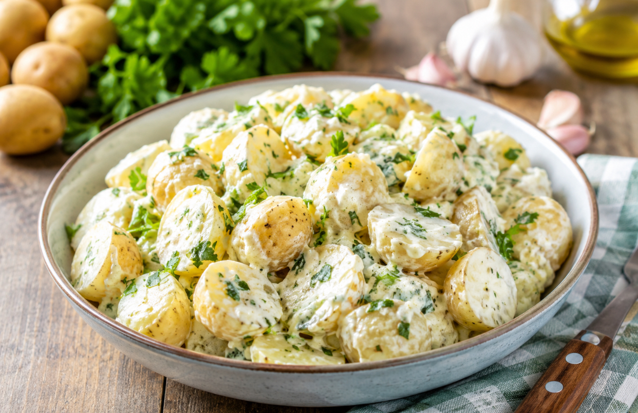 Salata de cartofi noi care se prepară în câțiva pași. Cremoasă, aromată și foarte sățioasă