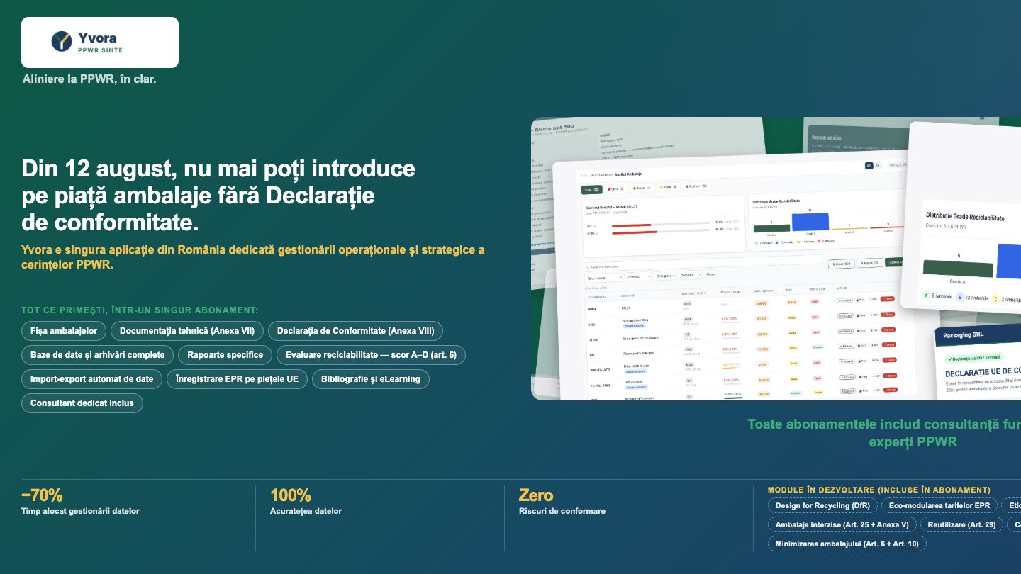 Aplicația YVORA este o soluție rapidă pentru raportările companiilor care introduc produse ambalate pe piața Uniunii Europene