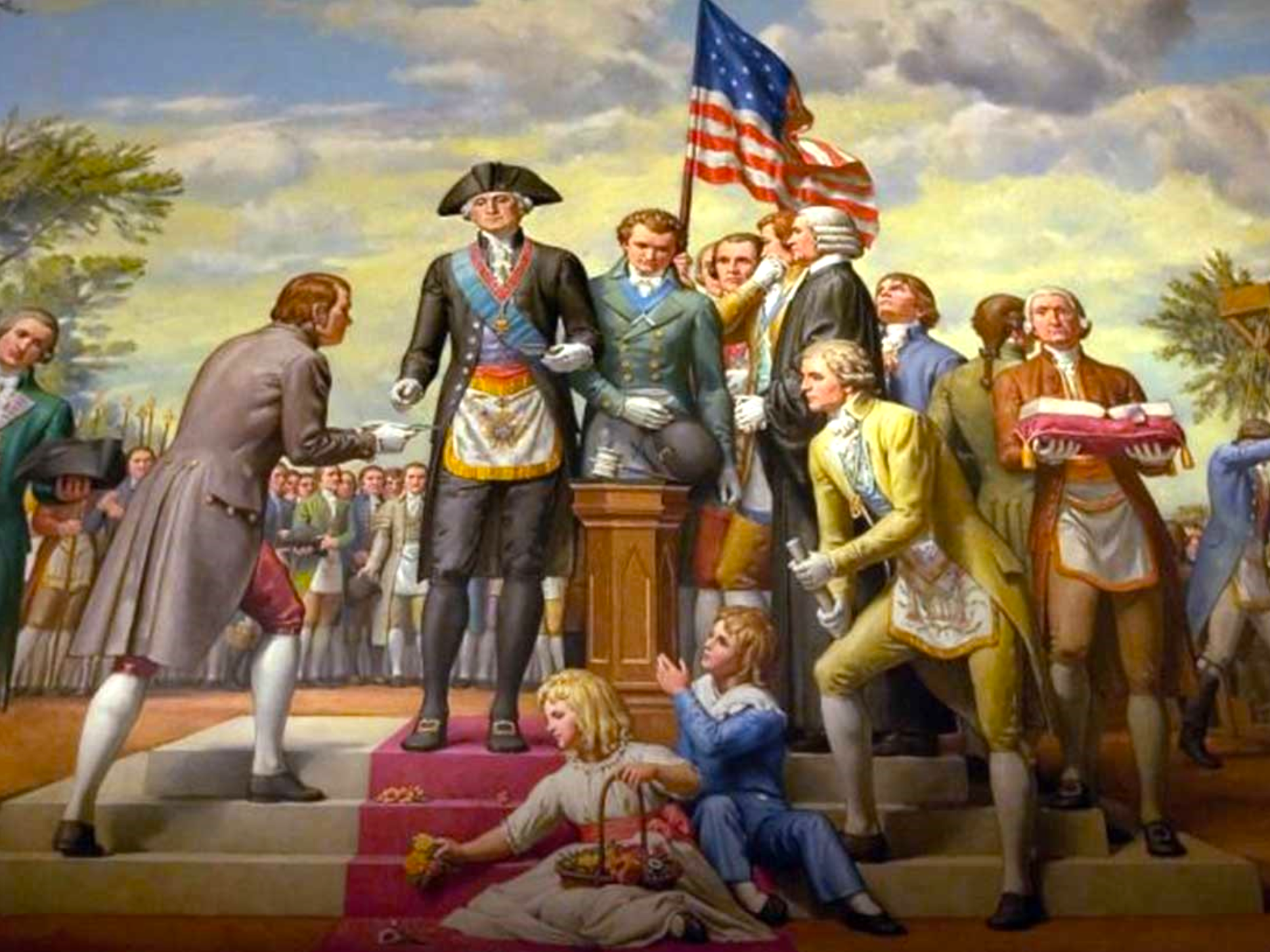 George Washington, cu șorț masonic, semnând inaugurarea ca președinte al SUA
