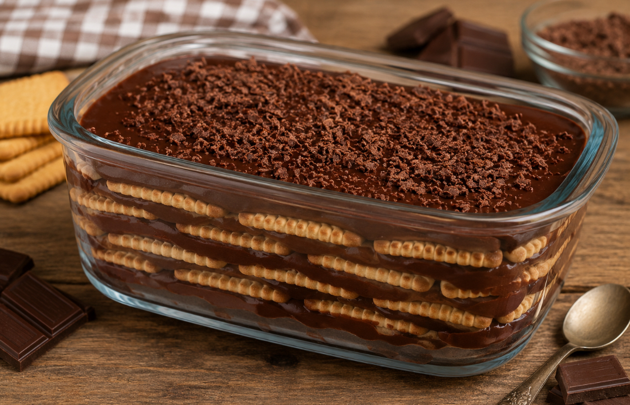 Tort de biscuiți cu budincă de ciocolată. Desertul simplu care îți amintește de copilărie