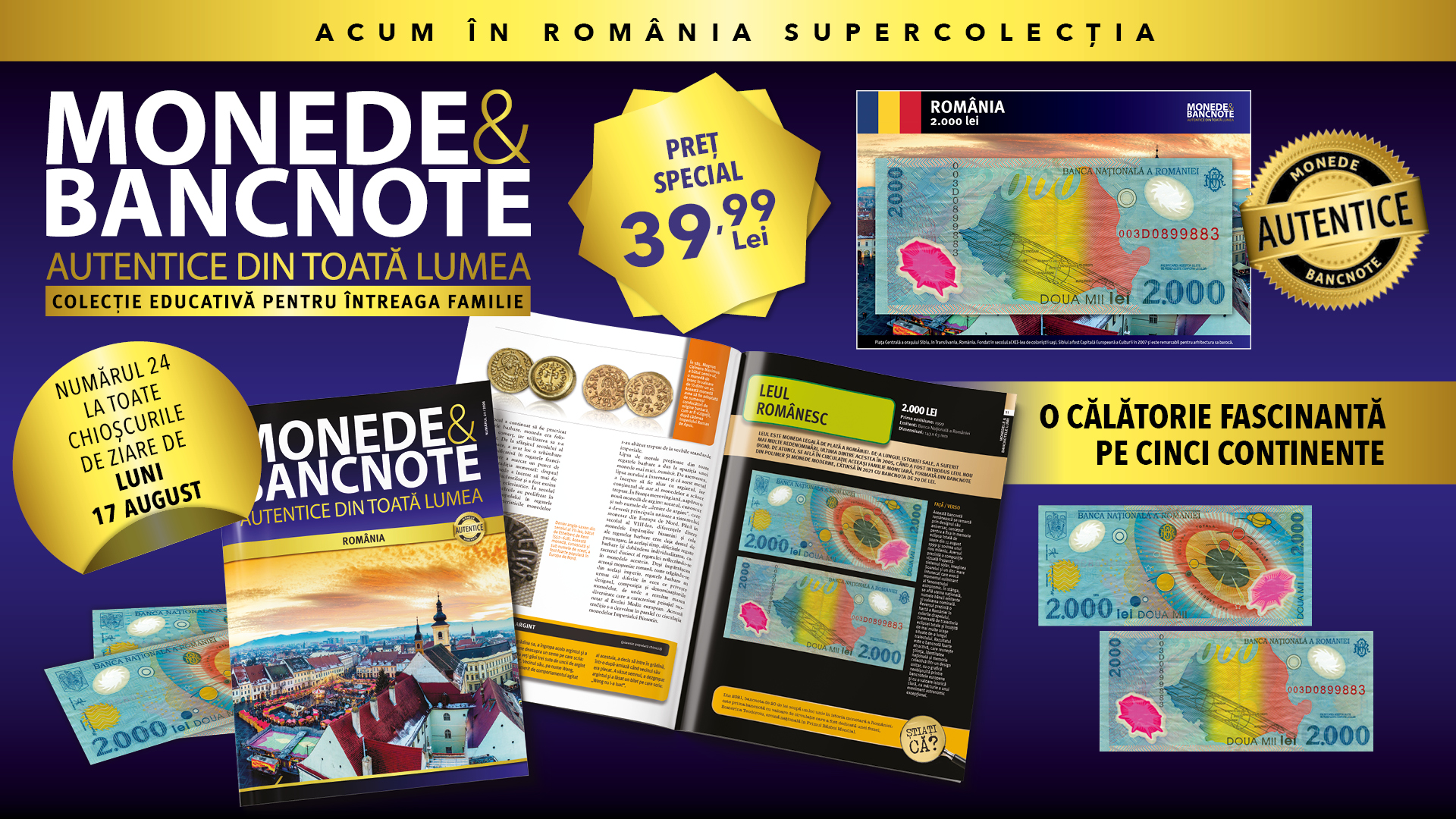 Bancnota de 2000 de lei cu reprezentarea eclipsei, în Colecția „Monede și Bancnote autentice din toată lumea”! Revista și bancnota istorică, de luni, la chioșcuri!