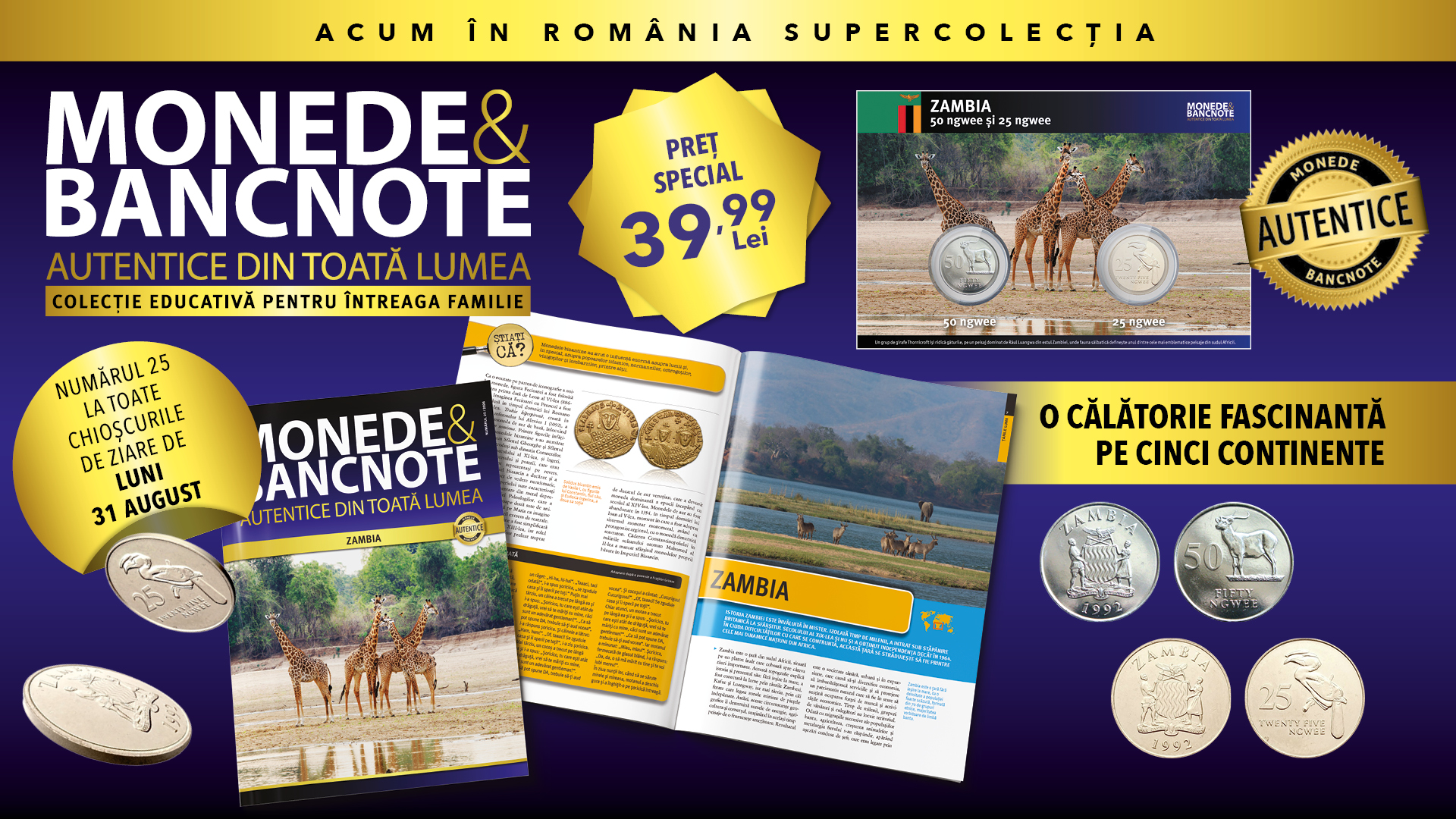 Colecția „Monede și Bancnote autentice din toată lumea” ajunge în Zambia. Revista și două monede, de luni, la chioșcuri!