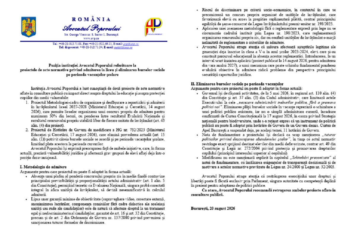 Comunicat Avocatul Poporului