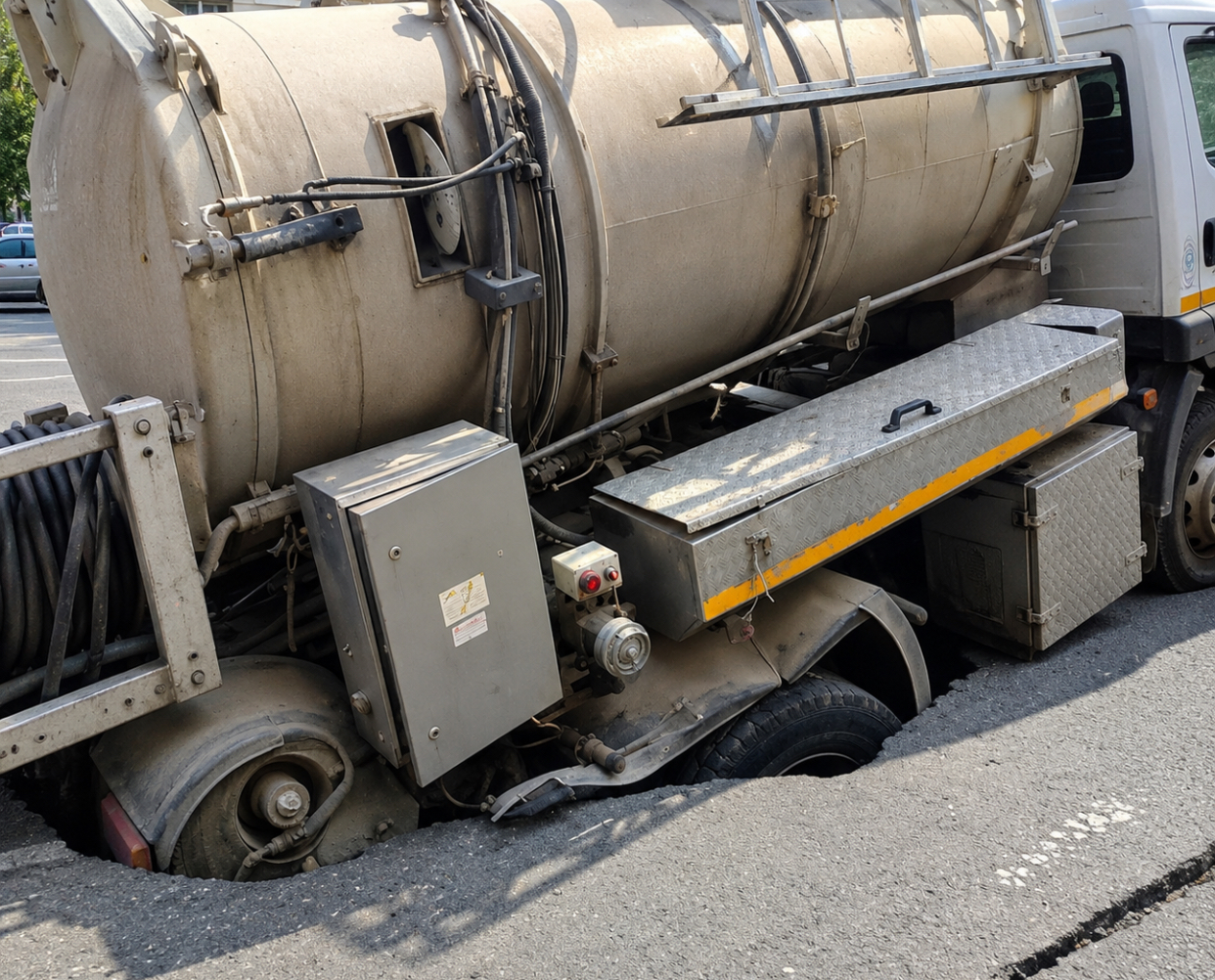 Groapă apărută brusc în asfalt, la Buzău. O autospecială de canalizare a căzut în surpare. Video