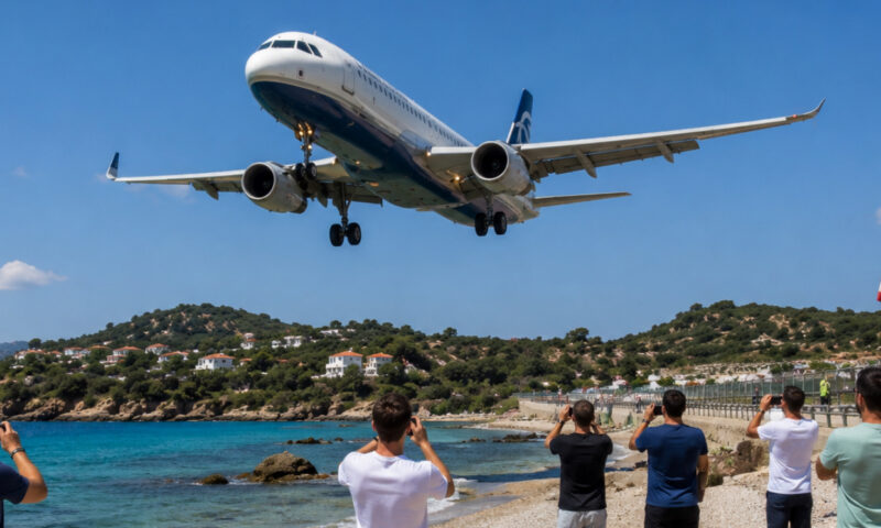 Spectacol rar pe o plajă din Grecia. Avioanele zboară la mică distanță de turiști înainte de aterizare