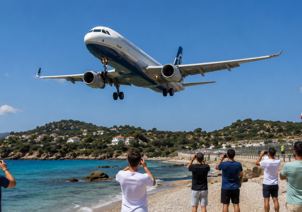Spectacol rar pe o plajă din Grecia. Avioanele zboară la mică distanță de turiști înainte de aterizare
