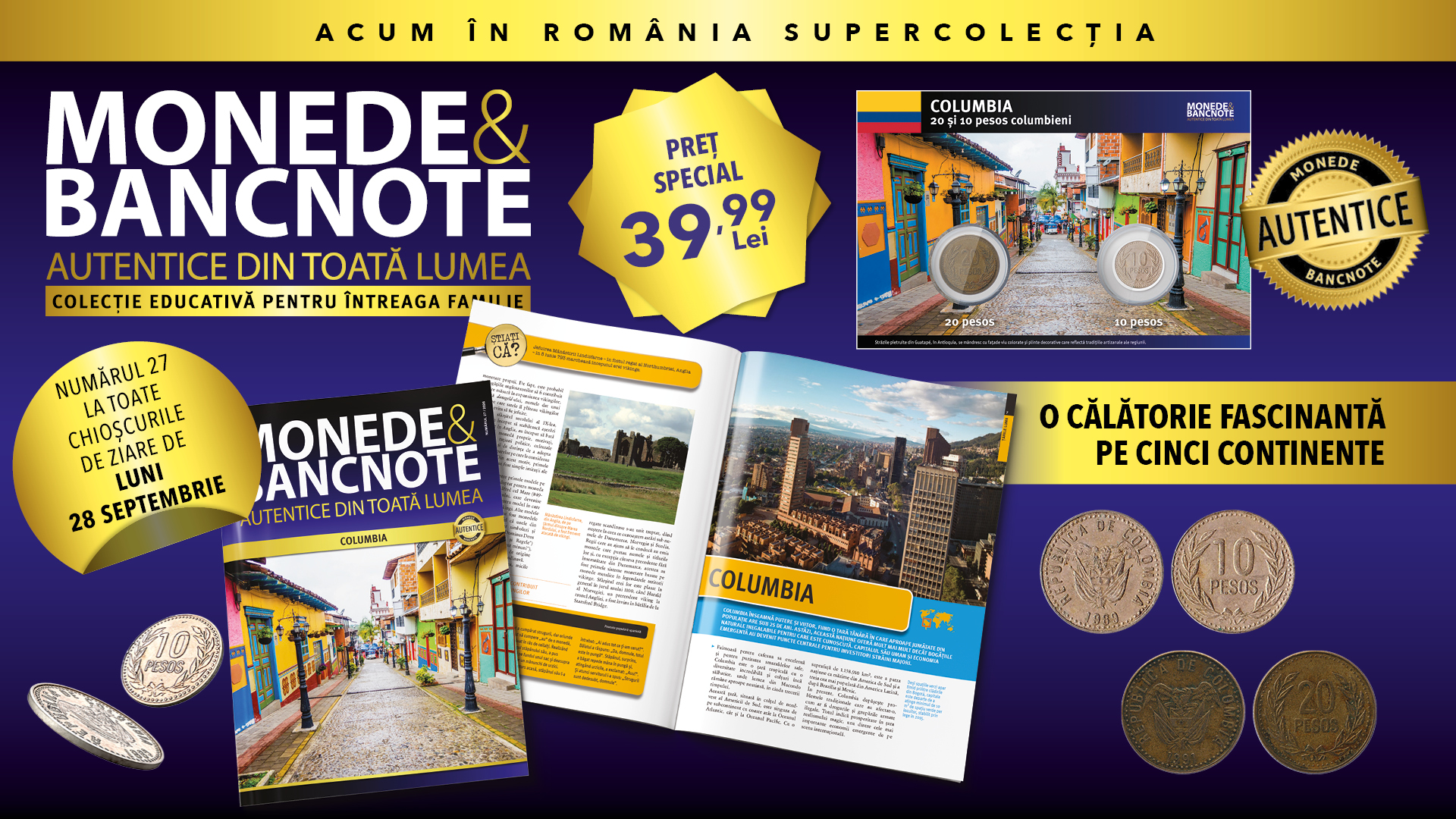 Colecția „Monede și Bancnote autentice din toată lumea” prezintă Columbia. Revista și două monede, de luni, la chioșcuri