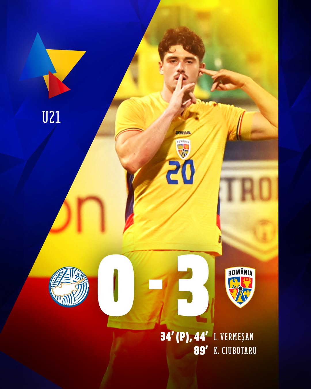 România U21 învinge Cipru cu 3-0. Vermeșan și Ciubotaru mențin șansele de calificare la EURO 2027