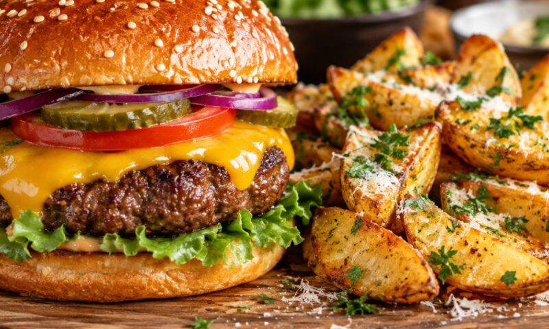 Burger de vită suculent, cu cheddar și cartofi cu parmezan. Rețetă de weekend