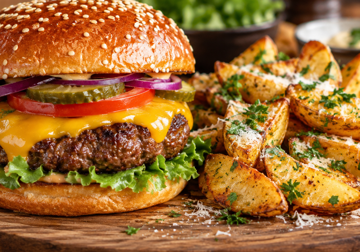 Burger de vită suculent, cu cheddar și cartofi cu parmezan. Rețetă de weekend