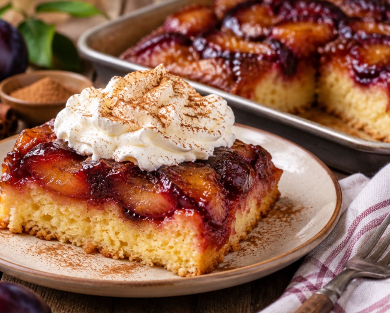 Rețetă de prăjitură cu prune caramelizate și frișcă. Un desert perfect pentru toamnă
