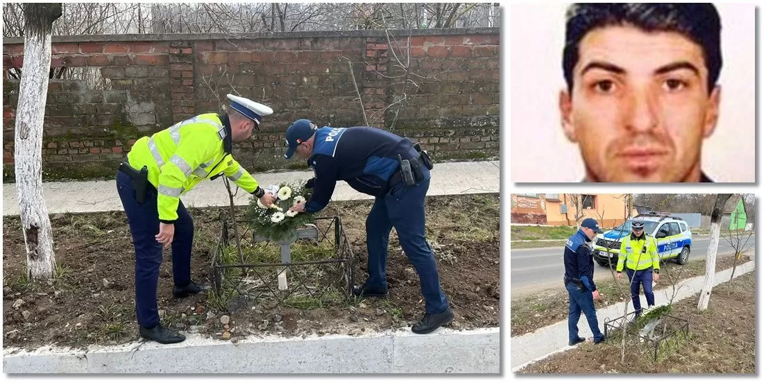 Polițiștii Postului de Poliție Remetea Mare au depus o jerbă de flori la locul în care polițistul a fost împușcat, în localitatea Ianova