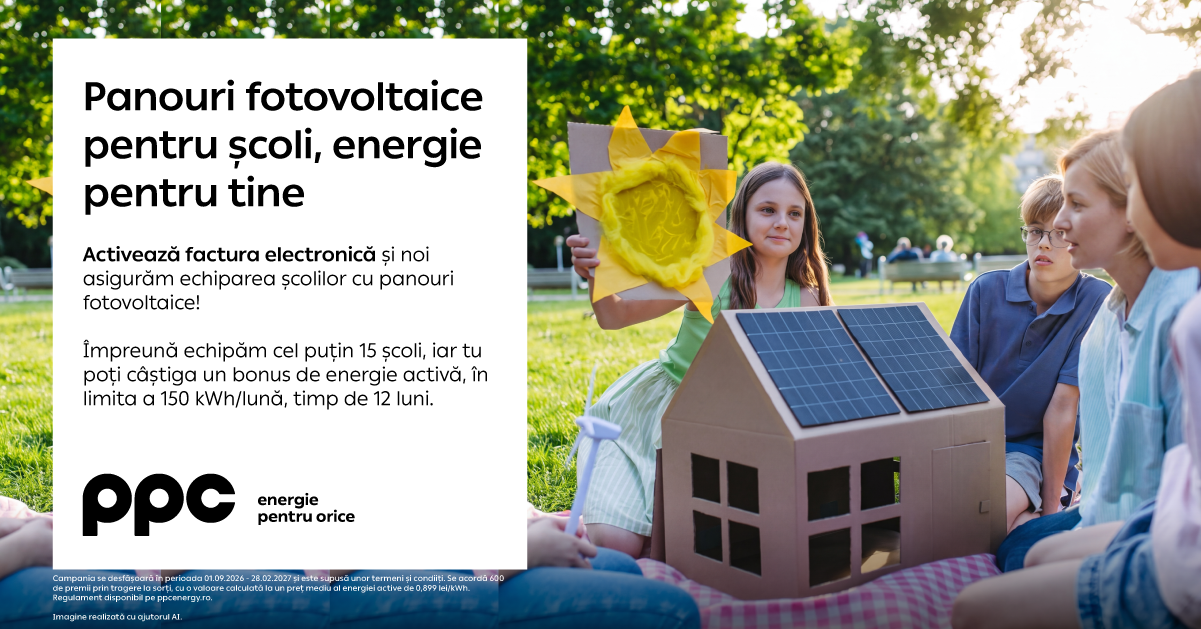 Cum activarea facturii electronice susține educația și poate reduce factura clienților PPC Energie. Panouri fotovoltaice pentru școli, energie pentru tine