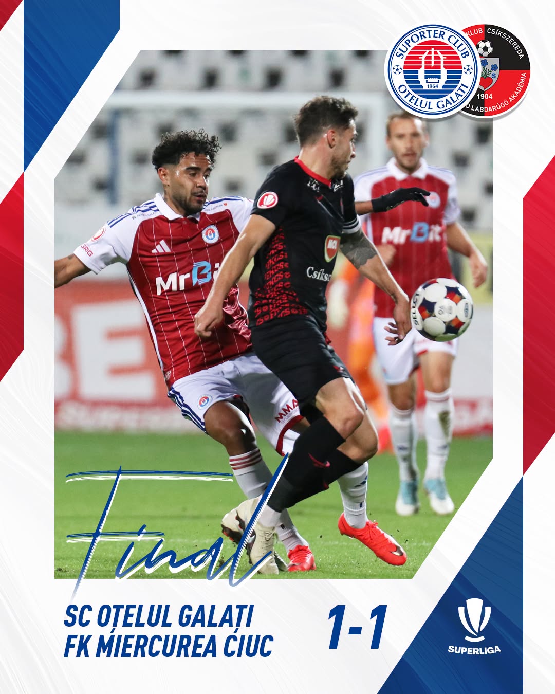 Oțelul Galați – Csikszereda 1-1, duel tensionat cu intervenții VAR și două eliminări