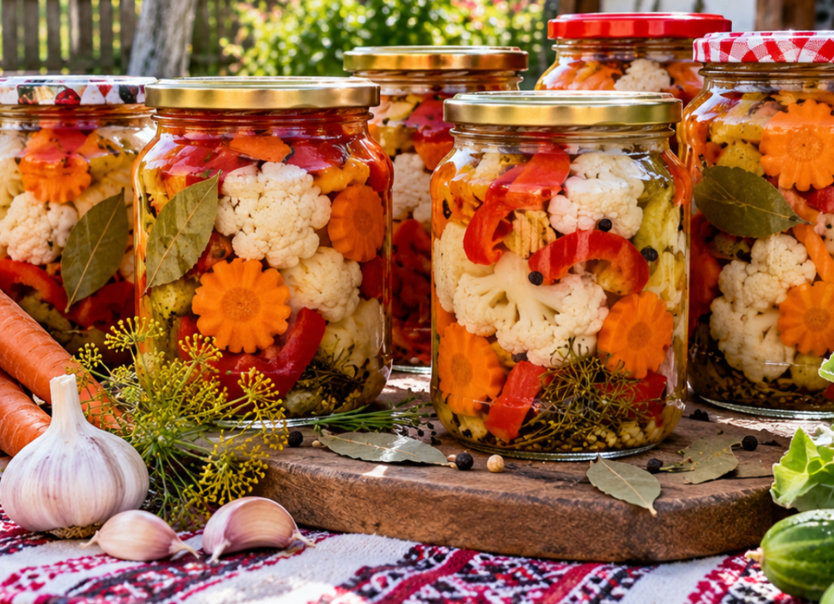 Salată de murături asortate pentru iarnă. Rețeta cu gogoșari, morcovi și conopidă
