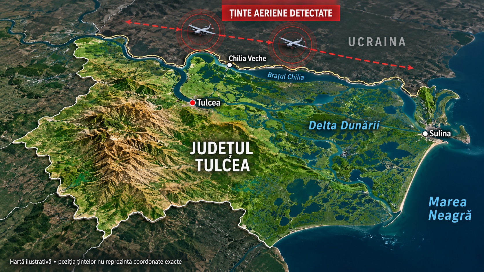 RO-Alert în Tulcea după detectarea unor ținte aeriene la granița cu Ucraina