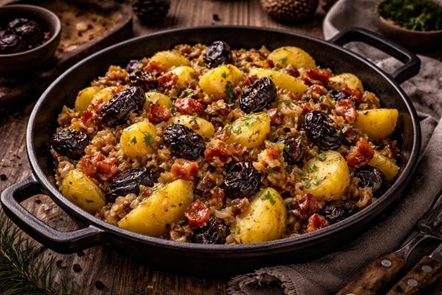 Cartofi țărănești cu ceapă și prune afumate. Rețeta de toamnă care schimbă un preparat clasic