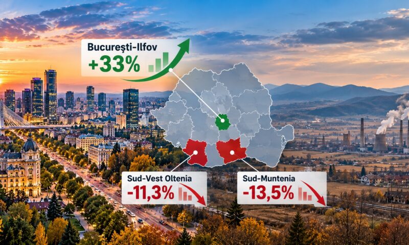 Bucureștiul crește cu 33%, dar două regiuni pierd peste 11%. România, la extreme în clasamentul UE