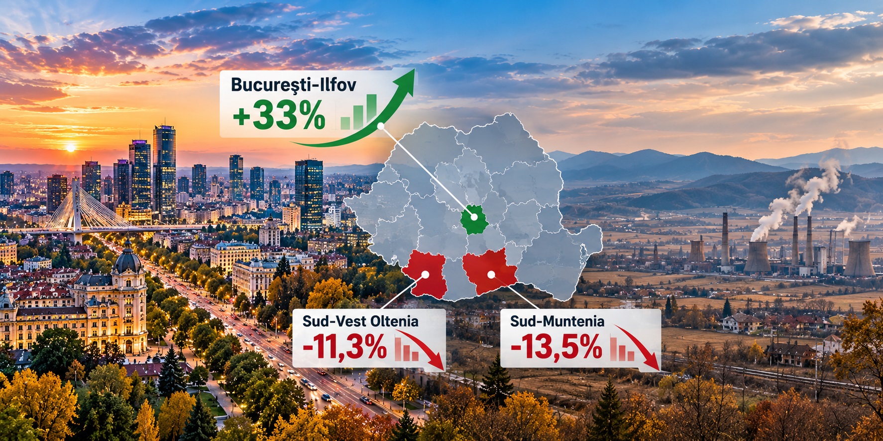 Bucureștiul crește cu 33%, dar două regiuni pierd peste 11%. România, la extreme în clasamentul UE